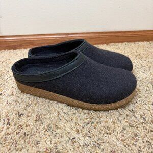 Haflinger Grizzly Clogs Slip On Mule Clog Slippers Wool Charcoal Leather Trim